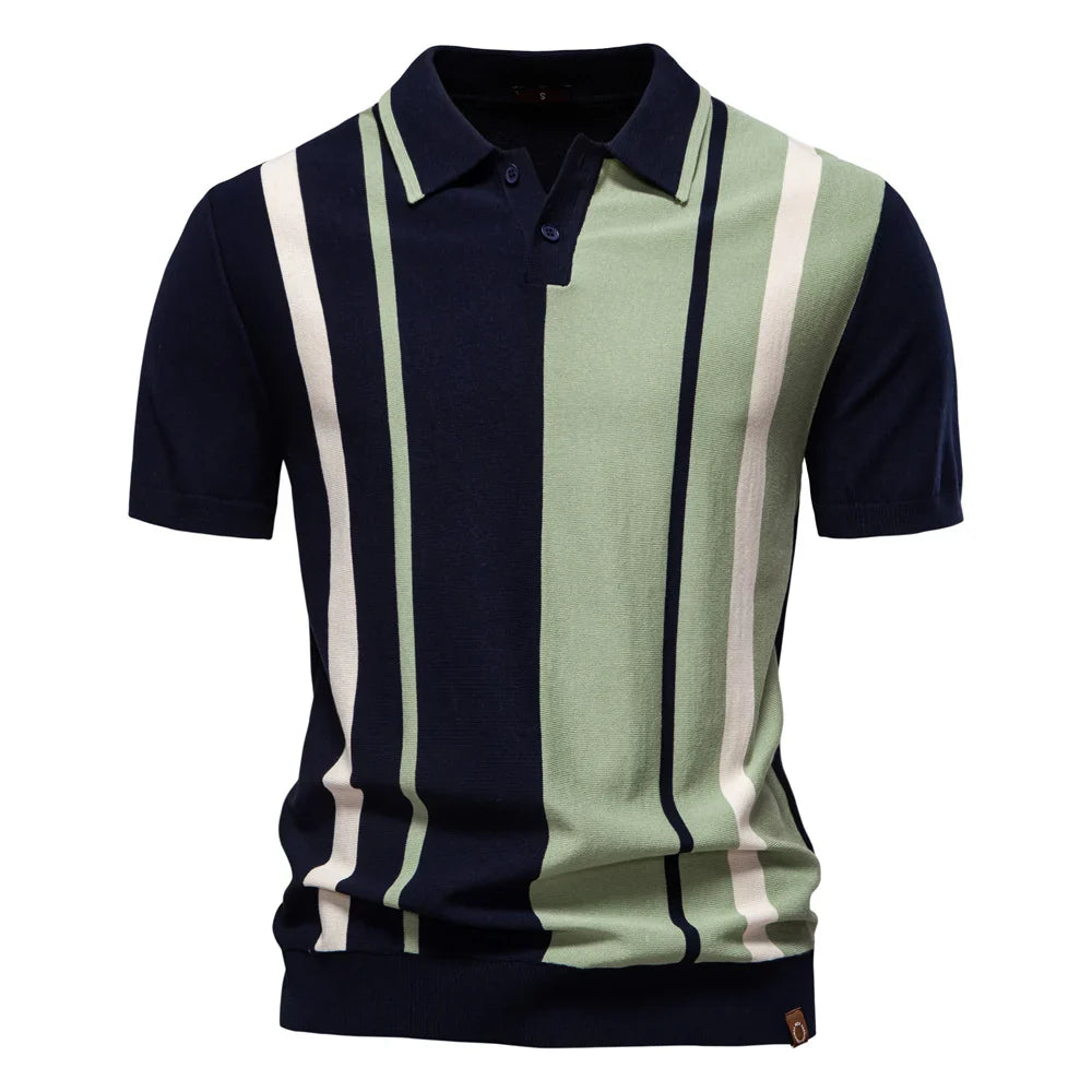Men's Bold Vertical Stripe Knit Polo – Two Button Short Sleeve Golf