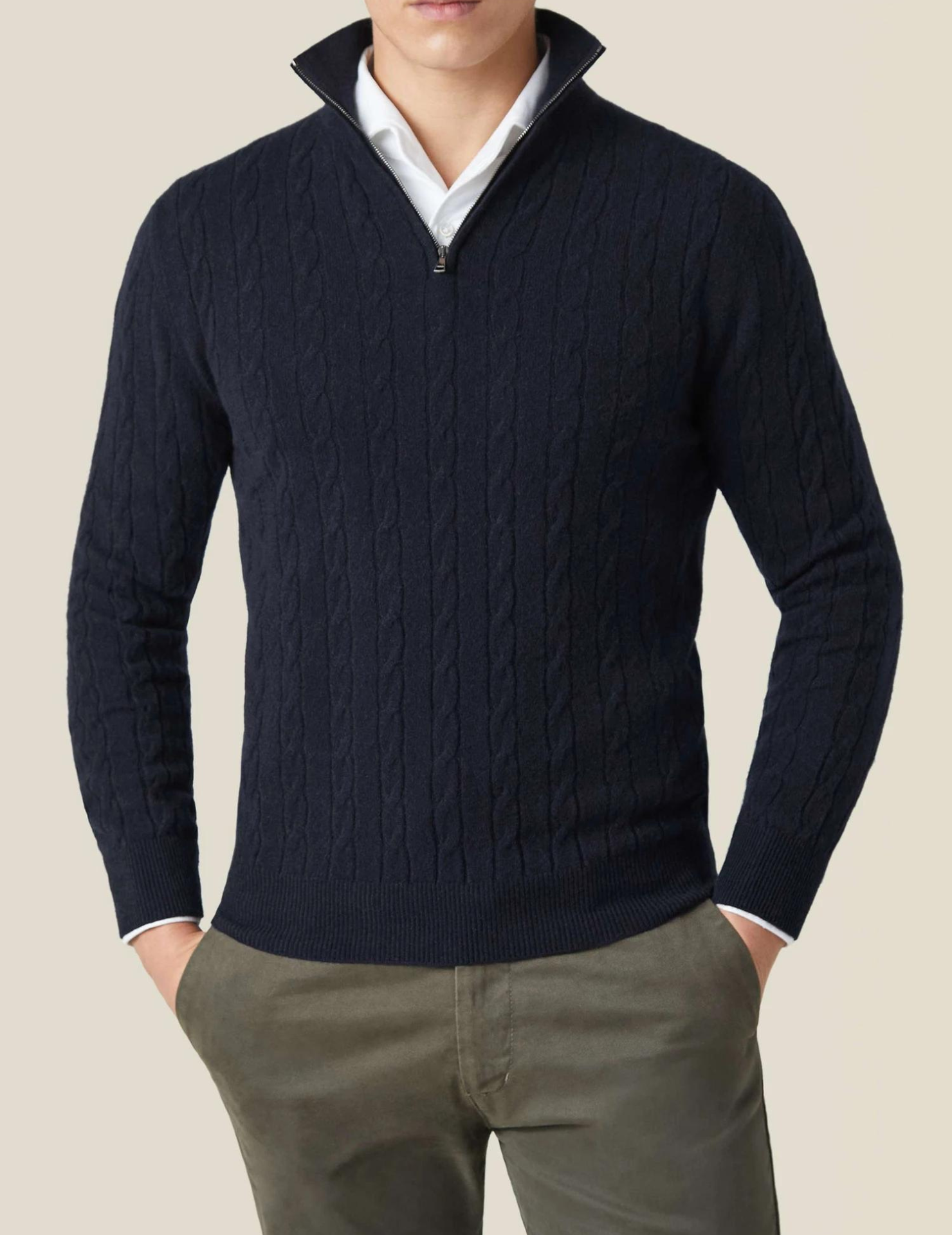 Men's Cable Knit Half Zip Stand Collar Sweater – Long Sleeve Smart Casual Wear