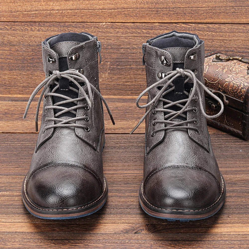 Men's Cap Toe Ankle Boots – Lace Up Side Zip Block Heel Casual