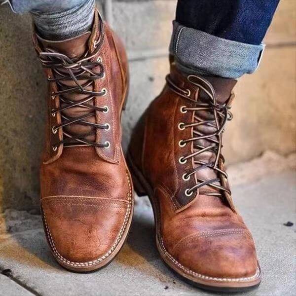 Men's Cap Toe Lace Up Ankle Boots – Low Block Heel Everyday Casual