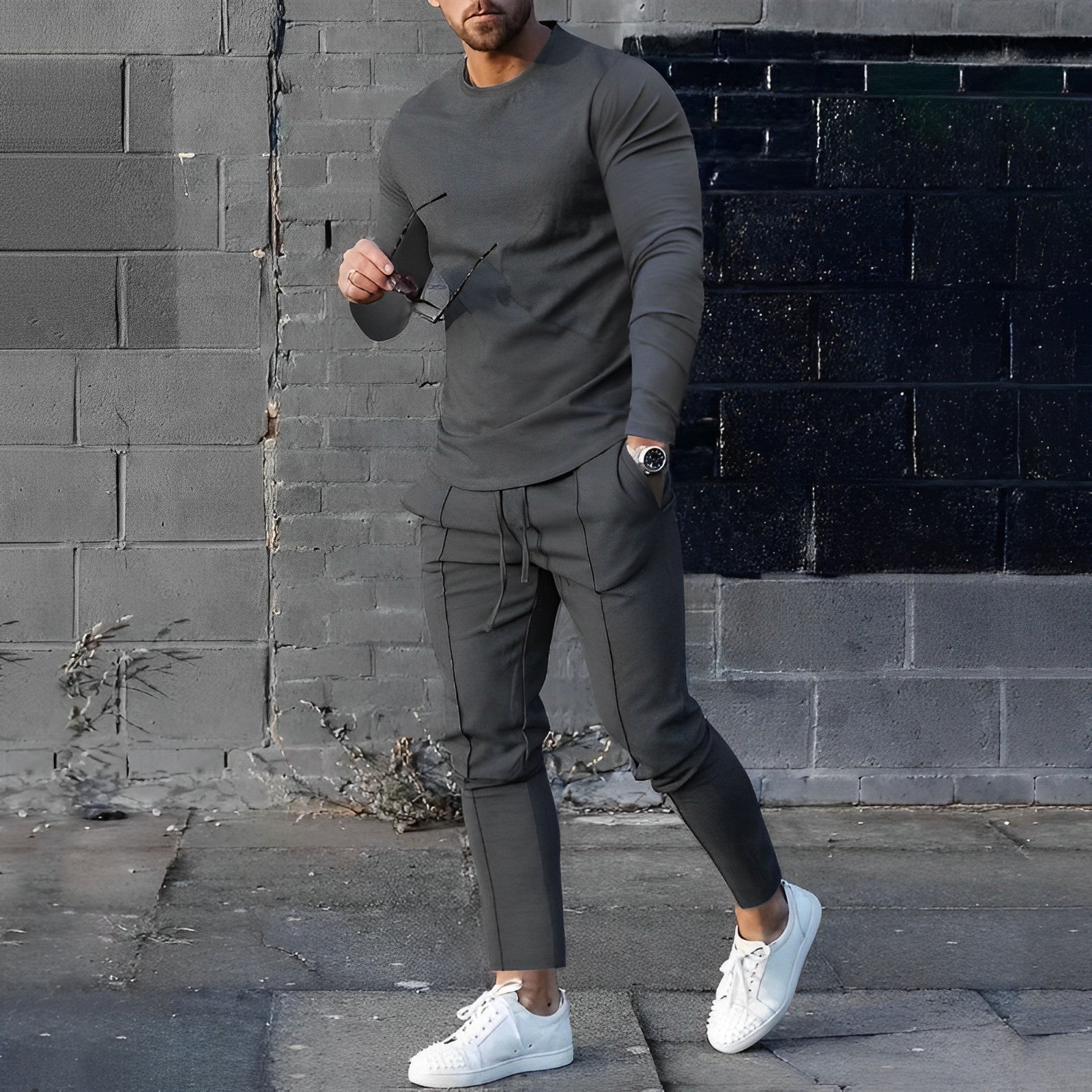 Men's Casual 2-Piece Lounge Set – Crew Neck Long Sleeve Drawstring Jogger