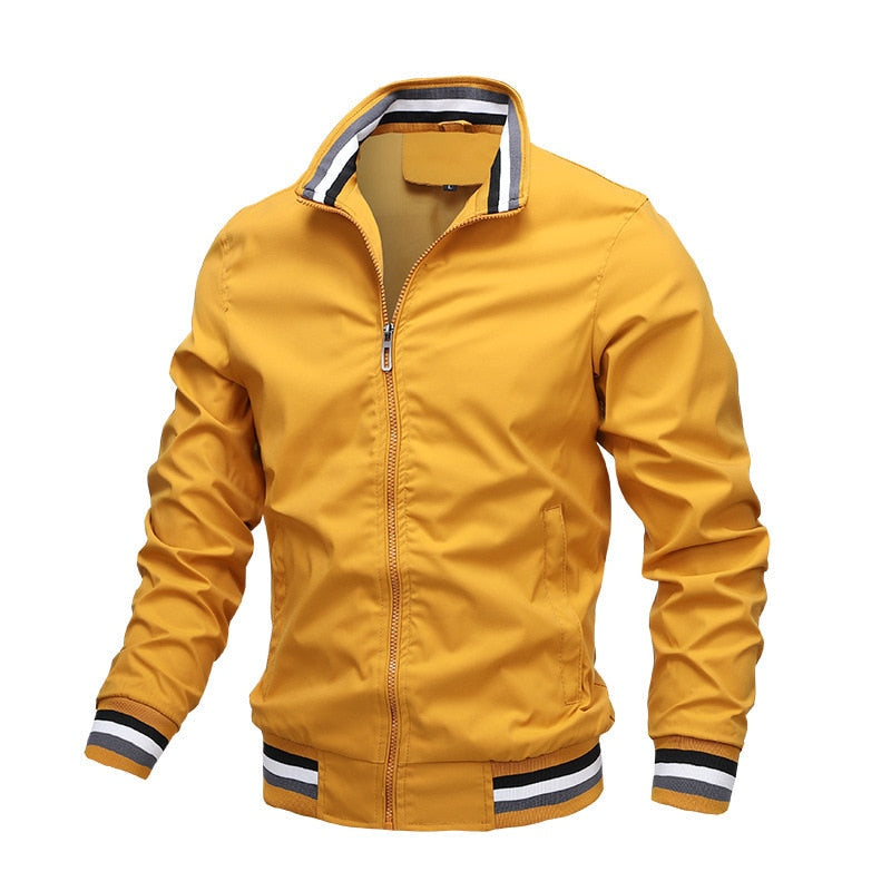 Men's Casual Bomber Jacket – Stand Collar Zip Front Striped Ribbed Trim