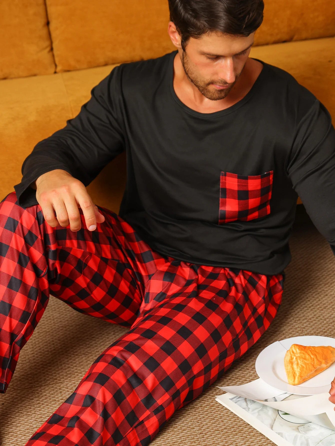 Men's Check Pajama Set – Crew Neck Long Sleeve Chest Pocket Nightwear