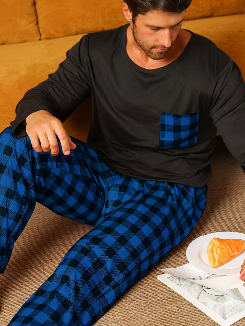 Men's Check Pajama Set – Crew Neck Long Sleeve Chest Pocket Nightwear