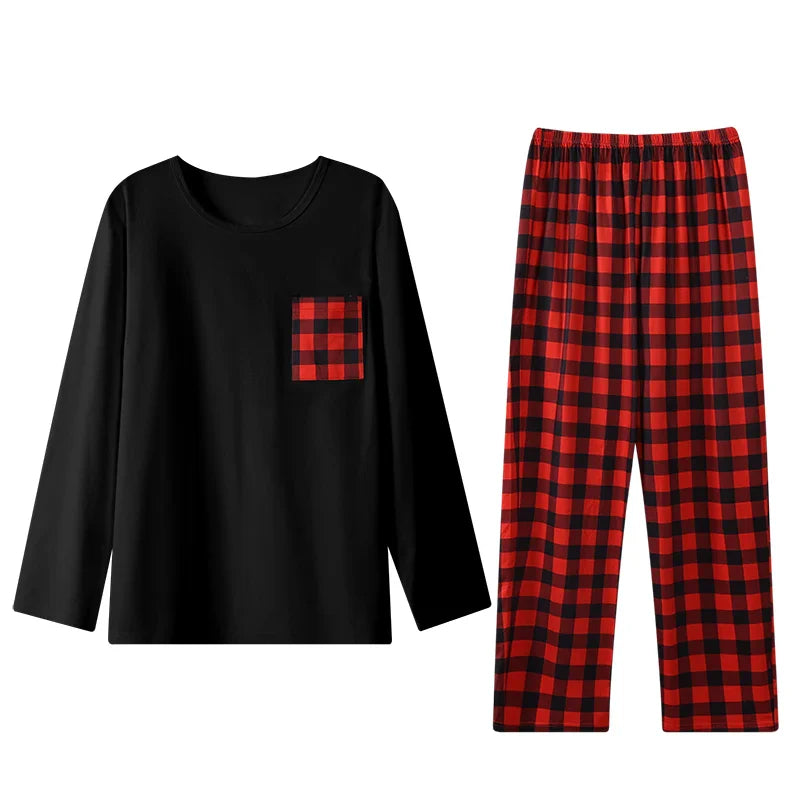 Men's Check Pajama Set – Crew Neck Long Sleeve Chest Pocket Nightwear