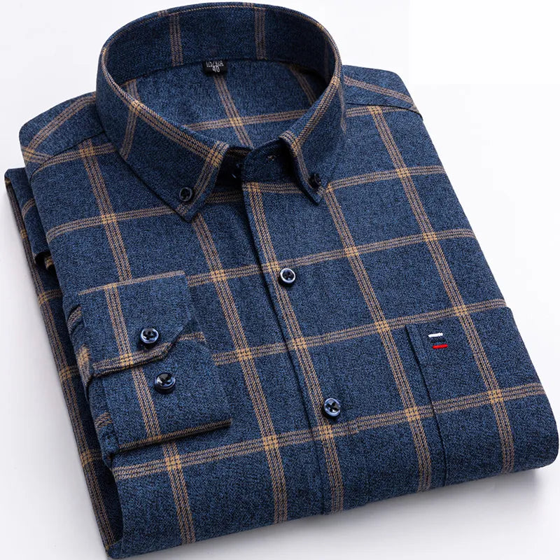 Men's Check Plaid Long Sleeve Shirt – Button Down Collar Chest Pocket Casual
