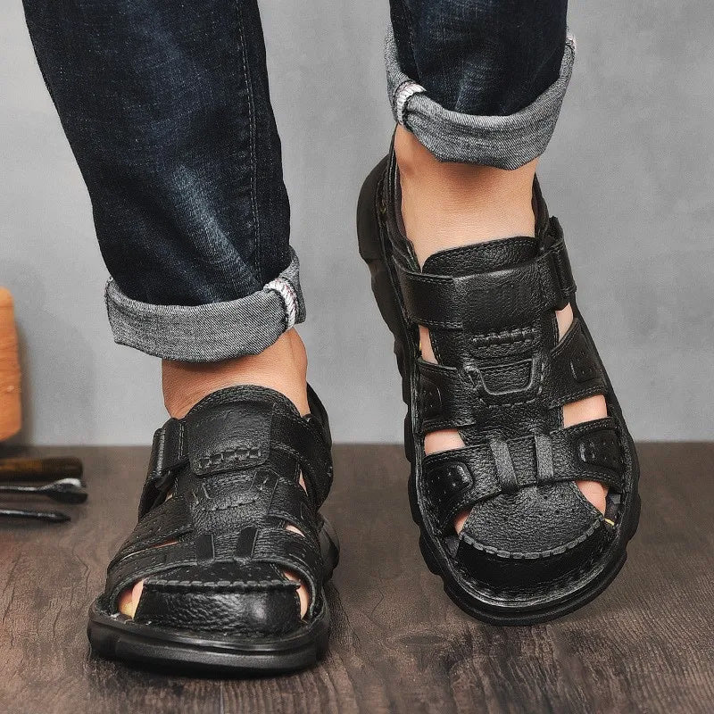 Men's Closed Toe Sandals – Hook Loop Ankle Strap Cutout Upper Summer Casual