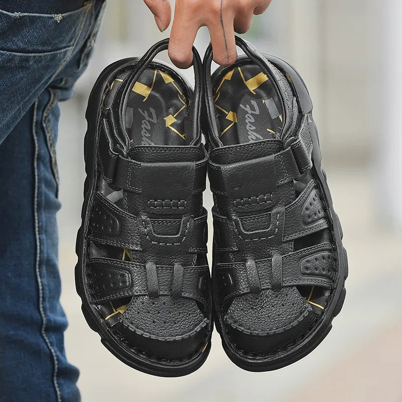 Men's Closed Toe Sandals – Hook Loop Ankle Strap Cutout Upper Summer Casual