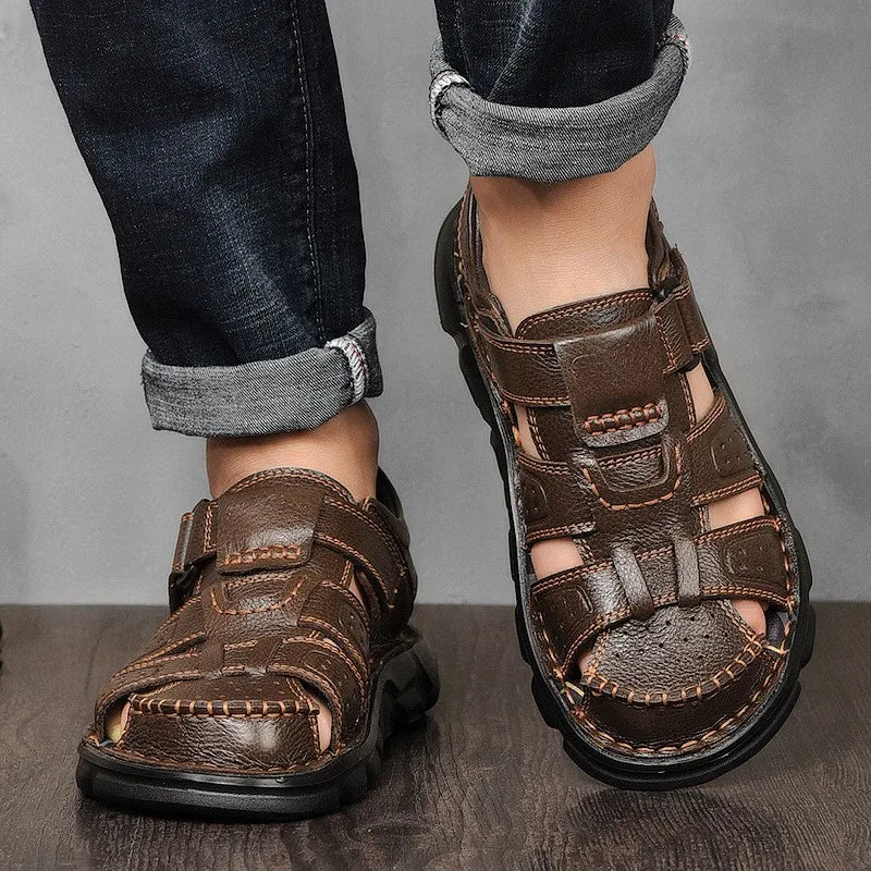 Men's Closed Toe Sandals – Hook Loop Ankle Strap Cutout Upper Summer Casual