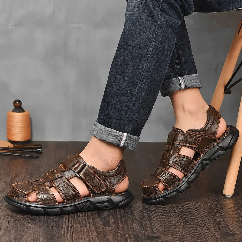 Men's Closed Toe Sandals – Hook Loop Ankle Strap Cutout Upper Summer Casual