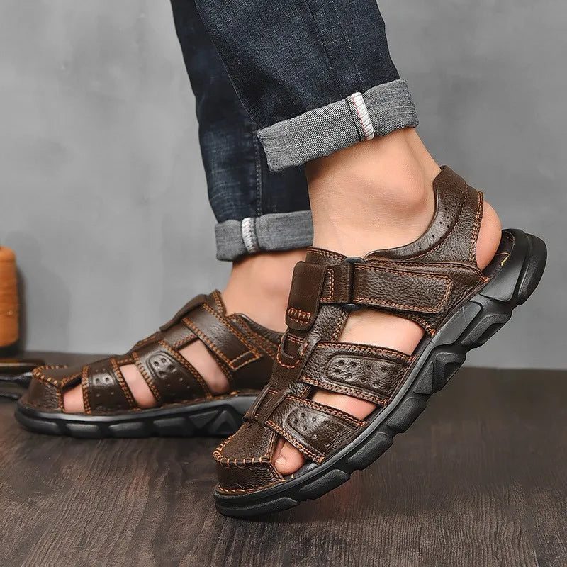 Men's Closed Toe Sandals – Hook Loop Ankle Strap Cutout Upper Summer Casual