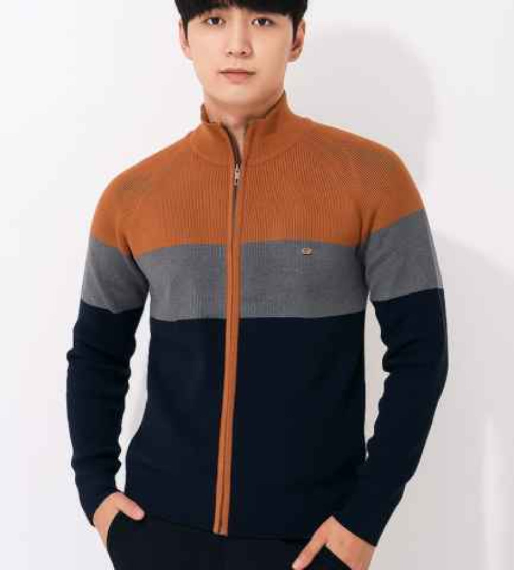 Men's Color Block Full Zip Cardigan – Stand Collar Long Sleeve Everyday Wear