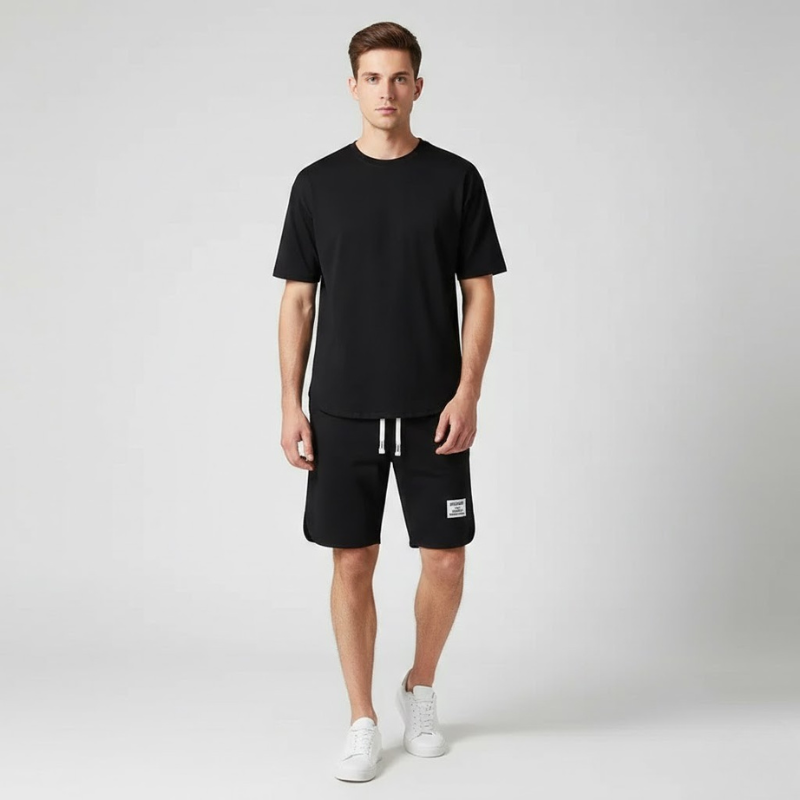 Men's Crew Neck T-Shirt 2 Piece Set – Drawstring Shorts Woven Label Casual