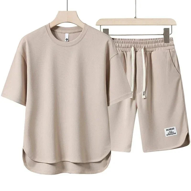 Men's Crew Neck T-Shirt 2 Piece Set – Drawstring Shorts Woven Label Casual