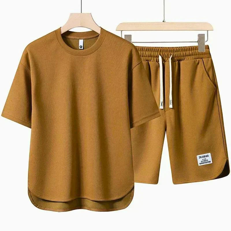 Men's Crew Neck T-Shirt 2 Piece Set – Drawstring Shorts Woven Label Casual