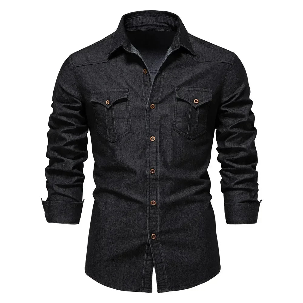 Men's Denim Long Sleeve Shirt – Dual Chest Pocket Button Down Casual