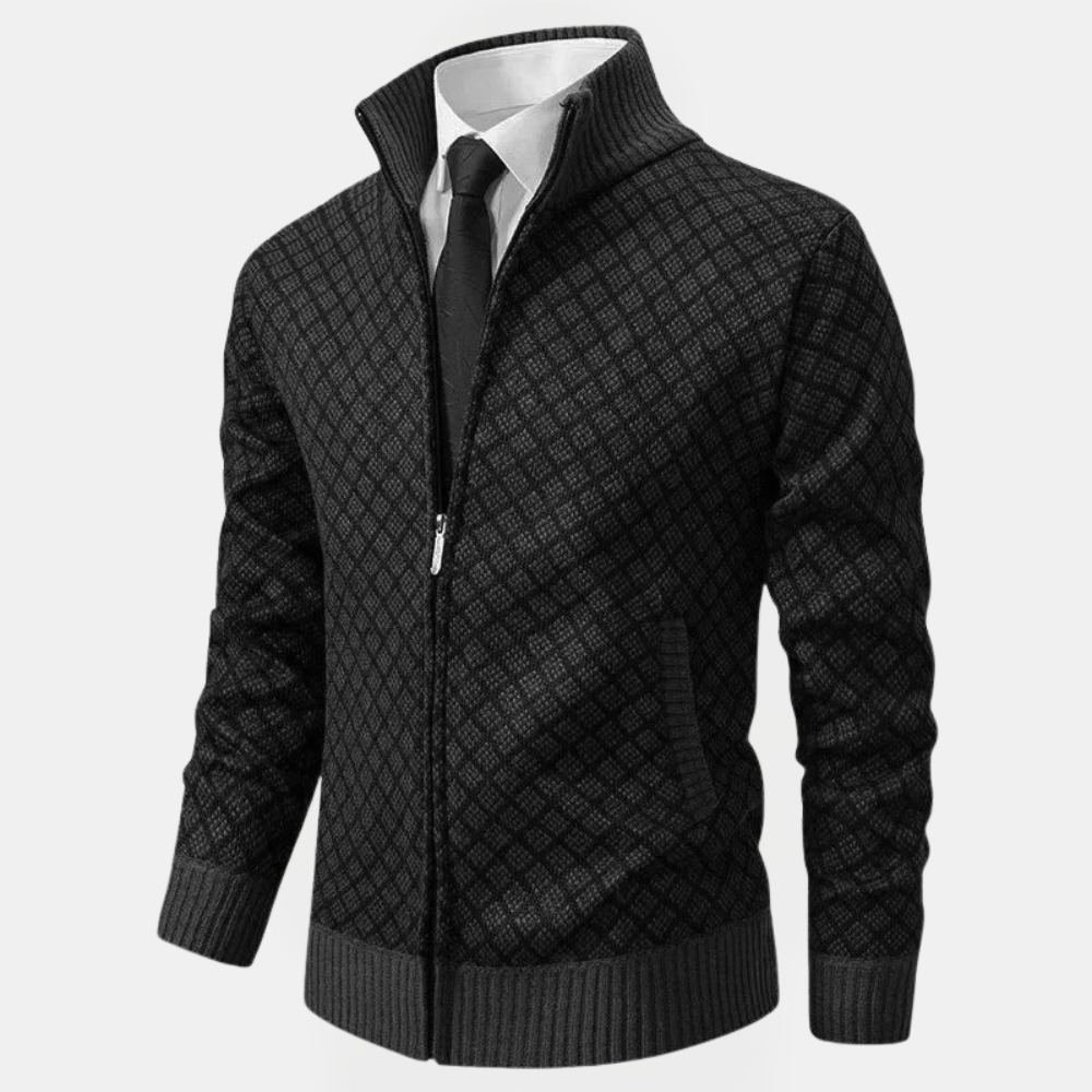 Men's Diamond Knit Full Zip Cardigan – Stand Collar Long Sleeve Smart Casual