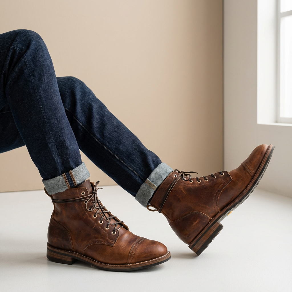 Men's Distressed Finish Cap Toe Ankle Boots – Lace Up Stacked Heel Casual