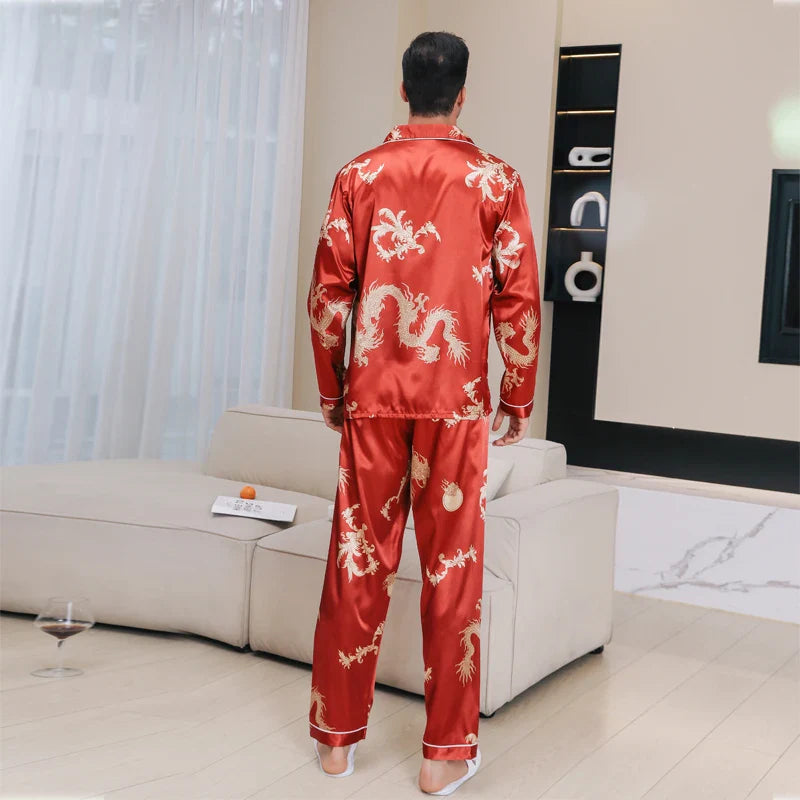 Men's Dragon Print Pajama Set – Notch Collar Button Front Nightwear