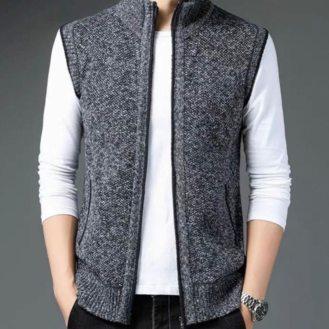 Men's Full Zip Stand Collar Cardigan Vest – Sleeveless Knit Casual Everyday Wear