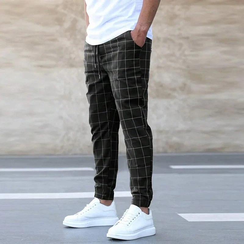 Men's Grid Print Jogger Pants – Drawstring Tapered Ankle Cuff Casual Street
