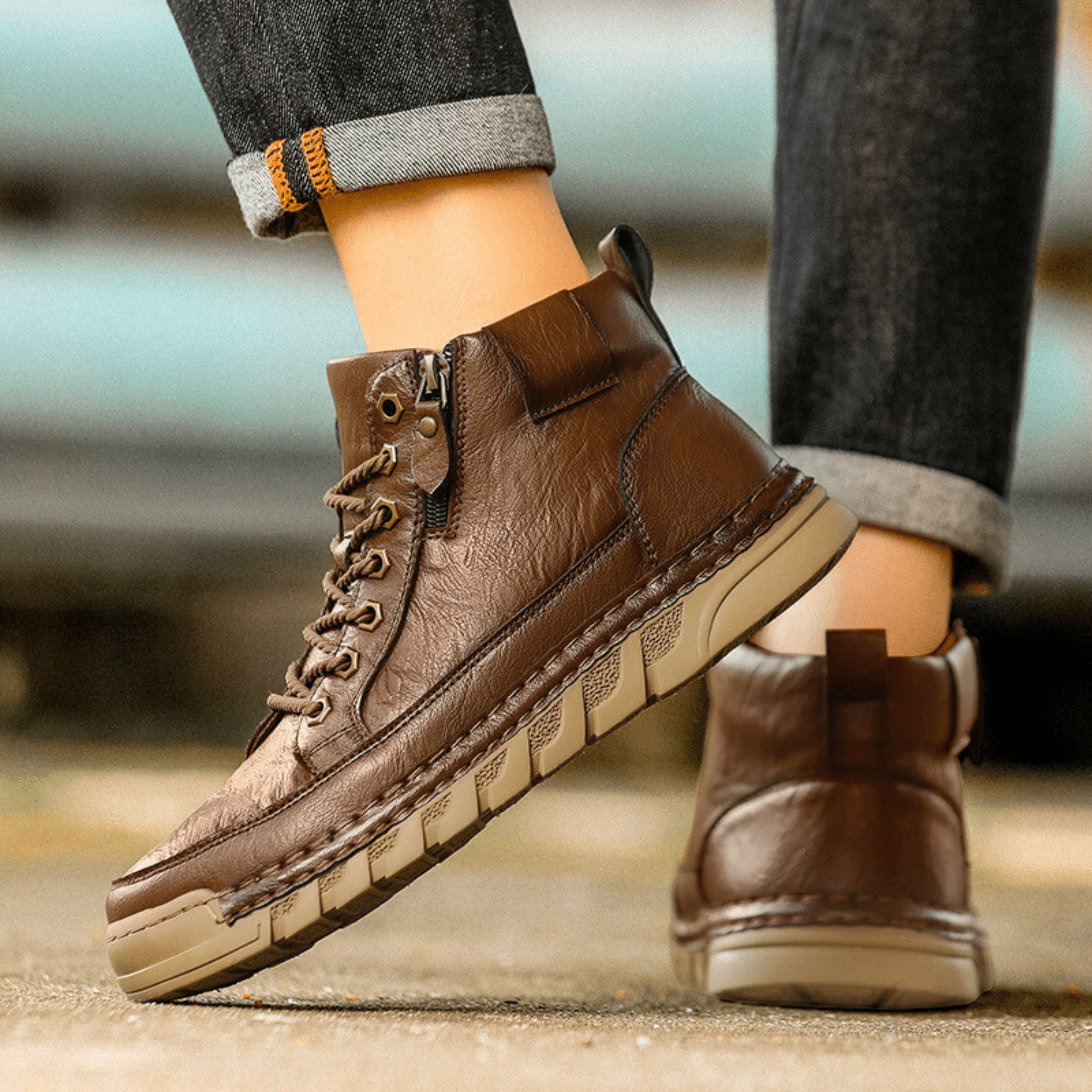 Men's High Top Lace Up Ankle Boots – Side Zip Lug Sole Casual