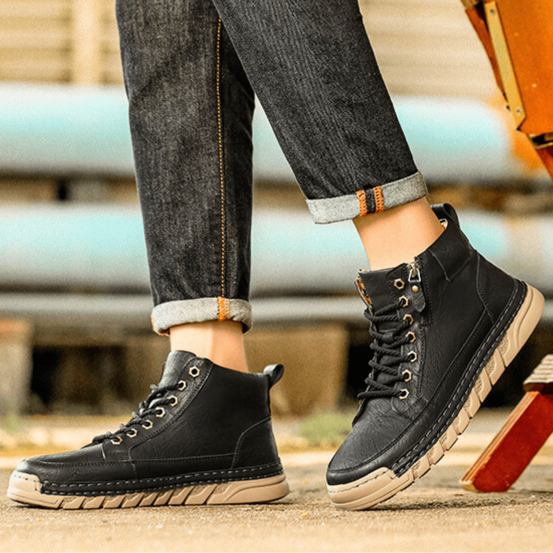 Men's High Top Lace Up Ankle Boots – Side Zip Lug Sole Casual