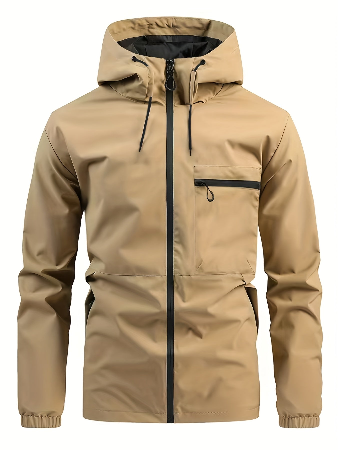 Men's Hooded Zip Front Windbreaker Jacket – Chest Pocket Long Sleeve Outdoor Wear