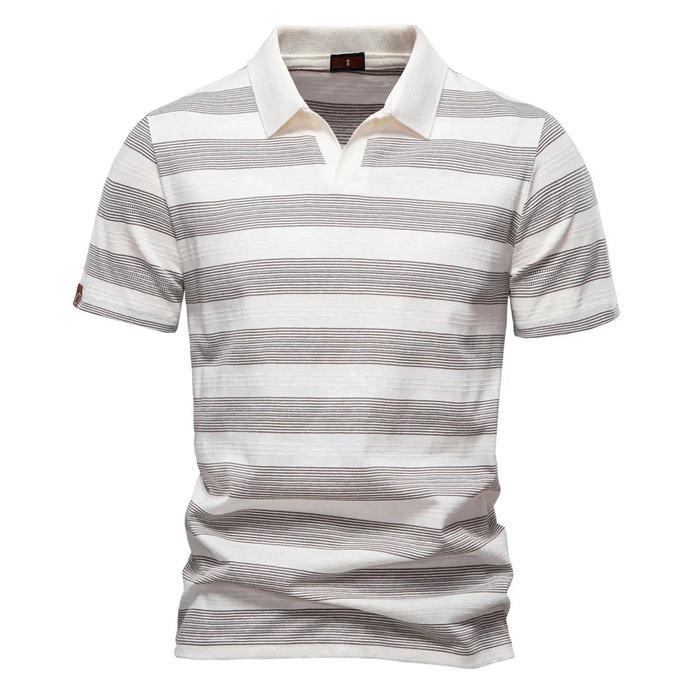 Men's Horizontal Stripe Knit Polo – Open Placket Short Sleeve Golf Casual