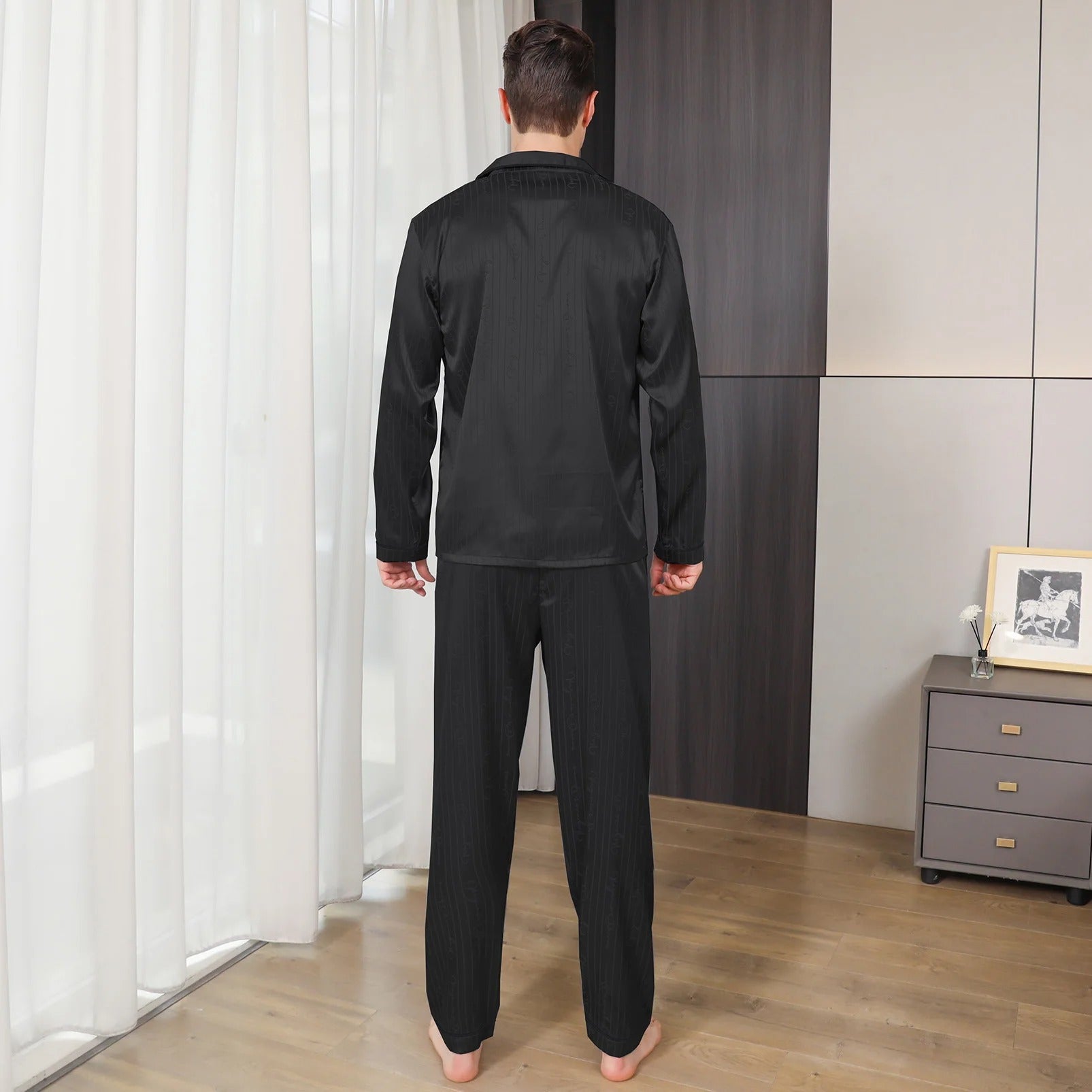 Men's Jacquard Stripe Pajama Set – Notch Collar Button Front Nightwear