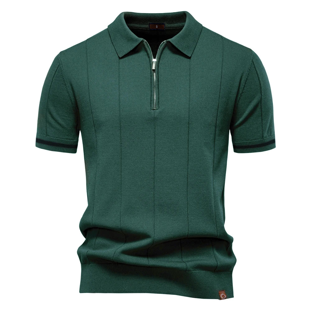 Men's Knit Striped Quarter Zip Polo – Short Sleeve Contrast Cuff Golf