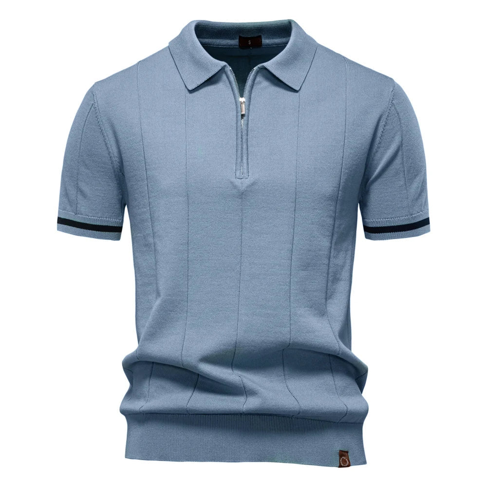 Men's Knit Striped Quarter Zip Polo – Short Sleeve Contrast Cuff Golf