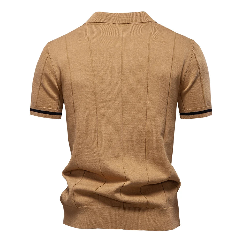Men's Knit Striped Quarter Zip Polo – Short Sleeve Contrast Cuff Golf