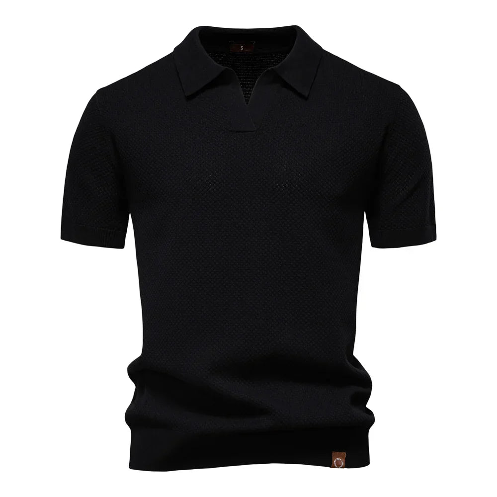 Men's Knit Textured Polo Shirt – Buttonless Open Collar Short Sleeve Golf