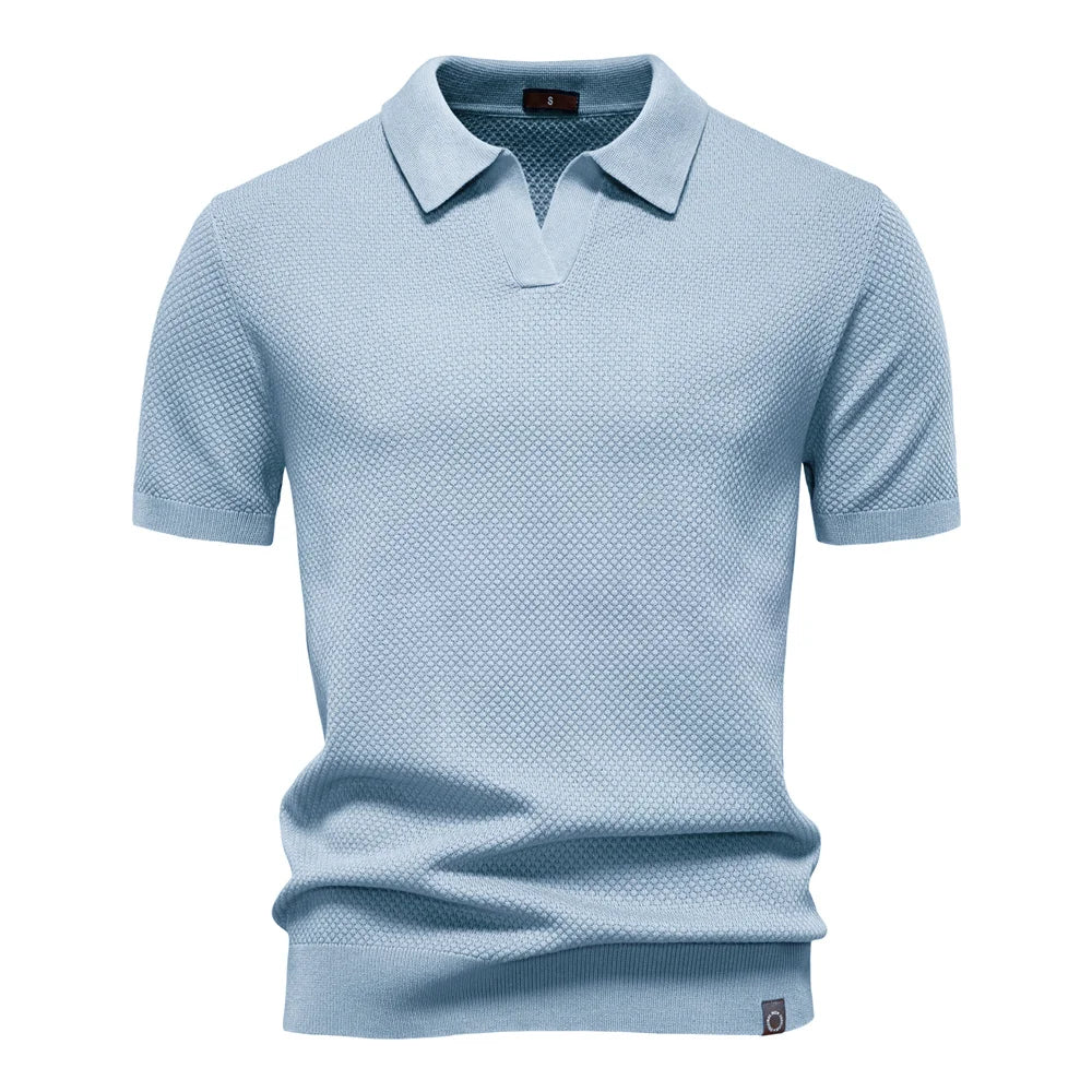 Men's Knit Textured Polo Shirt – Buttonless Open Collar Short Sleeve Golf