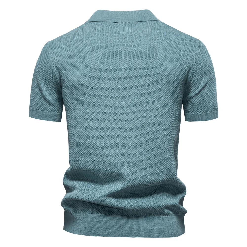 Men's Knit Textured Polo Shirt – Buttonless Open Collar Short Sleeve Golf