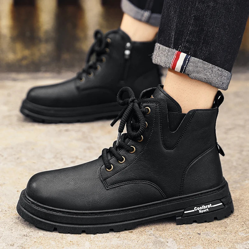 Men's Lace Up Side Zip Ankle Boots – Round Toe Lug Sole Casual