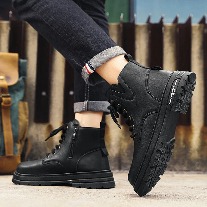 Men's Lace Up Side Zip Ankle Boots – Round Toe Lug Sole Casual