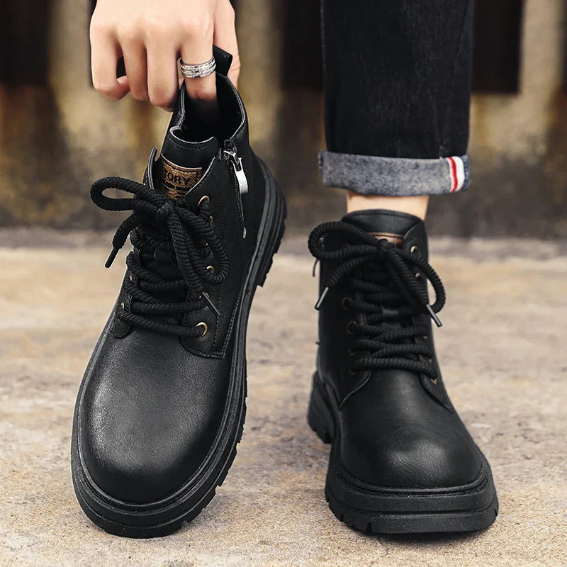 Men's Lace Up Side Zip Ankle Boots – Round Toe Lug Sole Casual