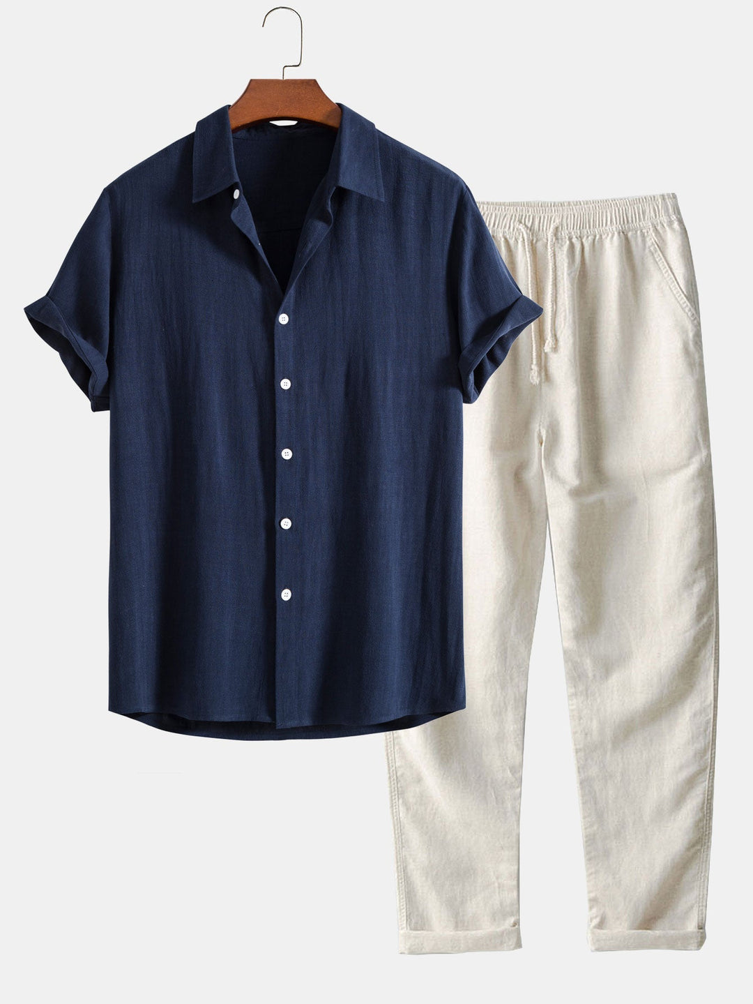 Men's Linen Two Piece Set – Short Sleeve Shirt Drawstring Trousers Summer Casual