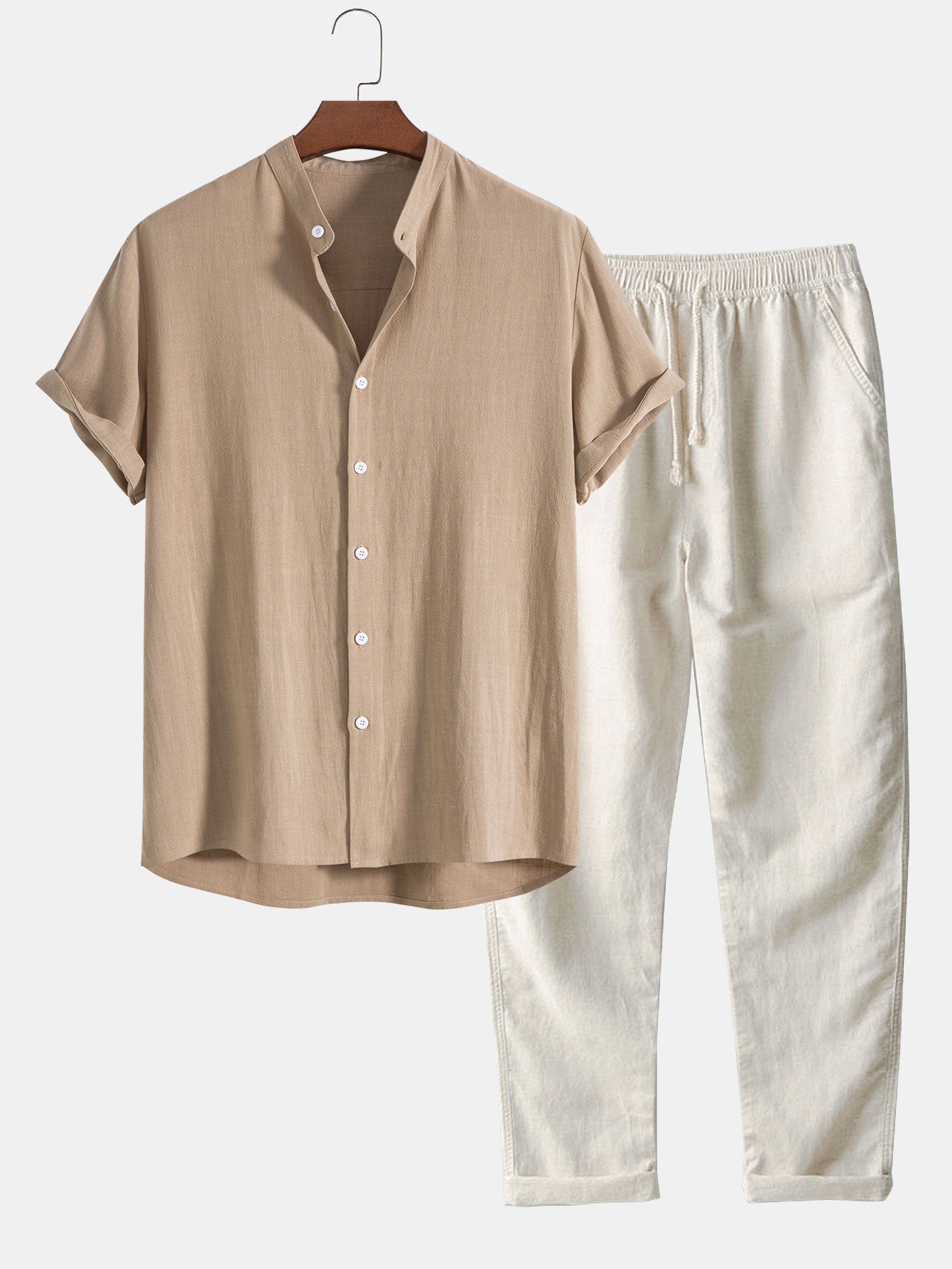 Men's Linen Two Piece Set – Short Sleeve Shirt Drawstring Trousers Summer Casual