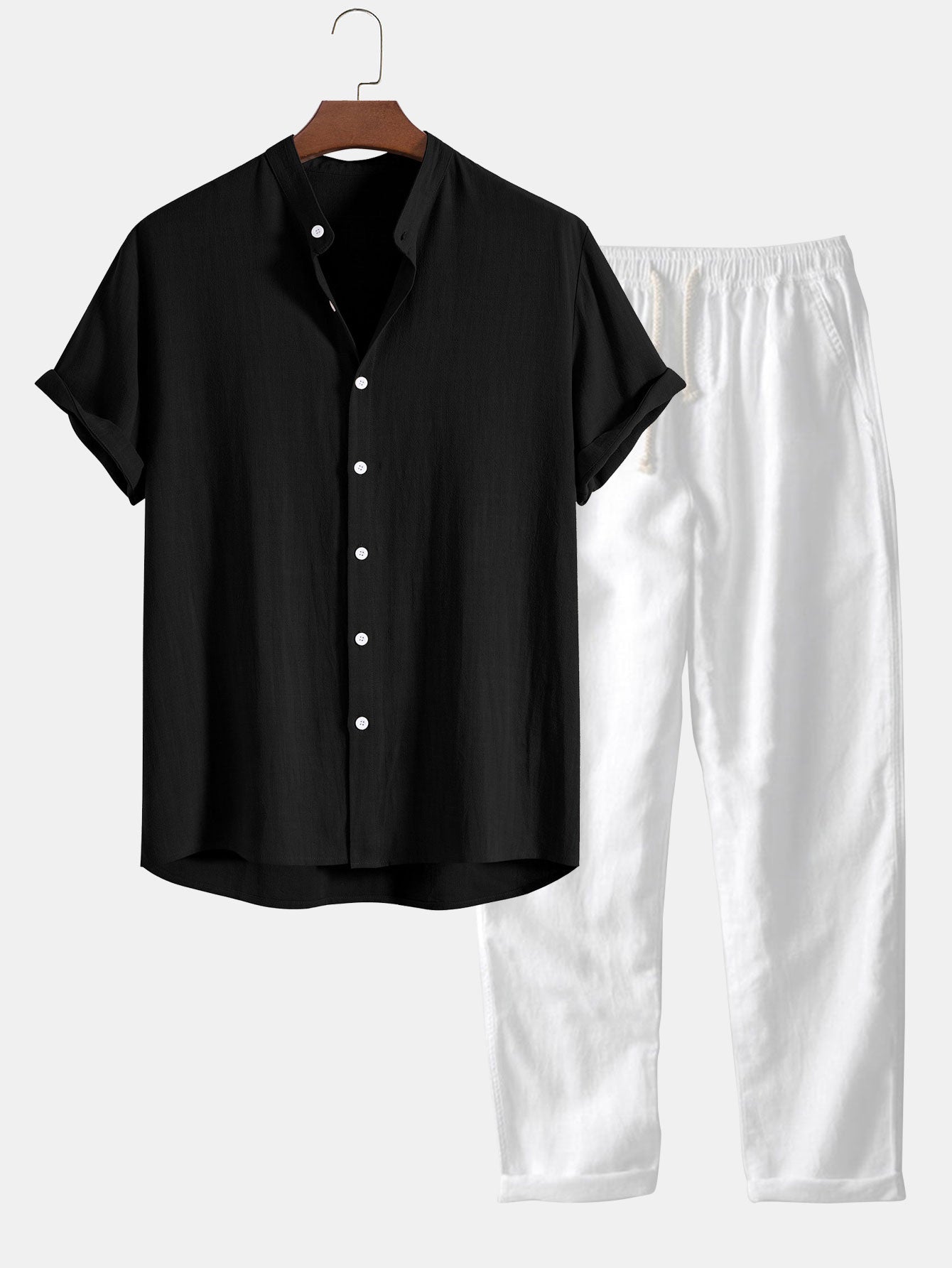 Men's Linen Two Piece Set – Short Sleeve Shirt Drawstring Trousers Summer Casual