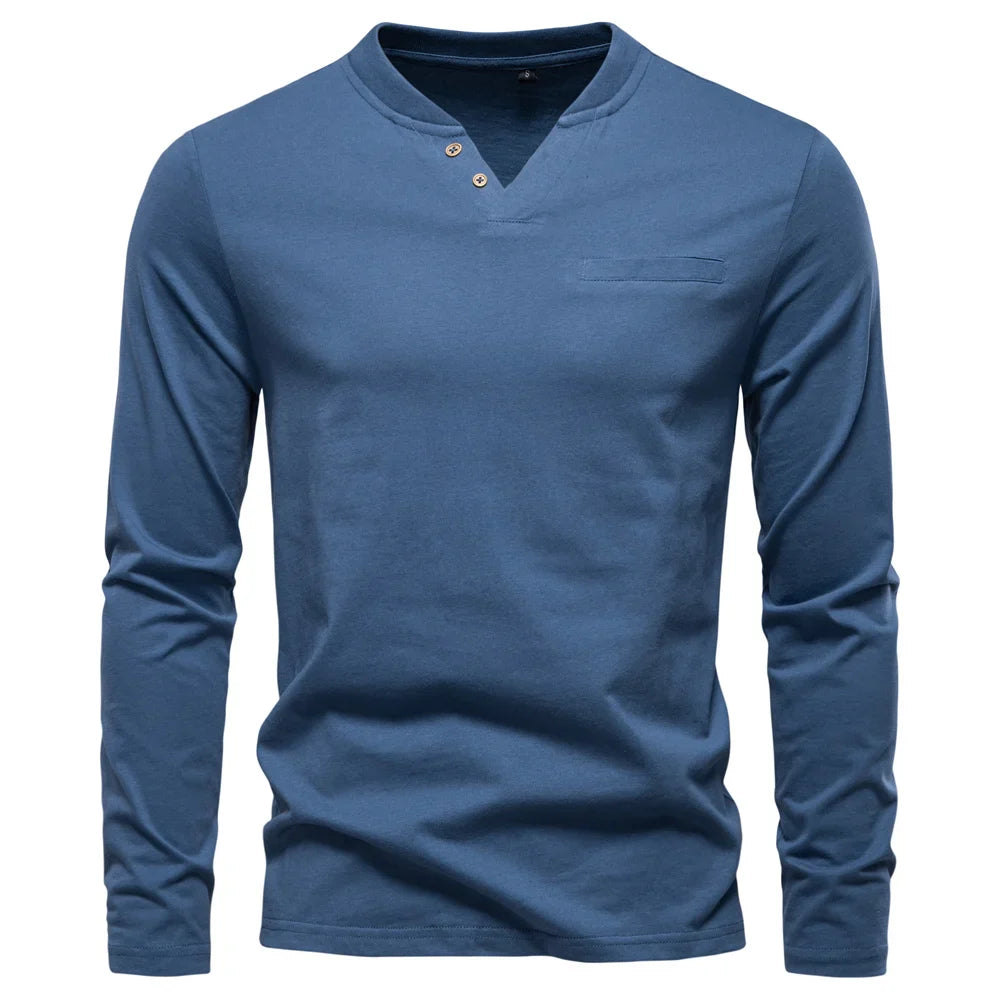 Men's Long Sleeve Henley T-Shirt – Button V Neck Chest Pocket Everyday