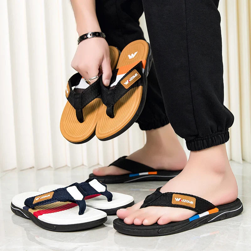 Men's Open Toe Striped Flip Flops – Textured Strap Thong Beach Summer Sandals