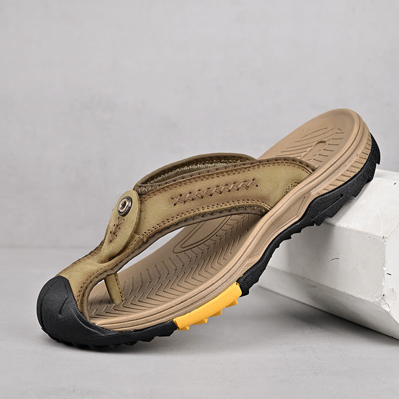 Men's Open Toe Y-Strap Flip Flops – Stitch Detail Chunky Sole Outdoor Casual