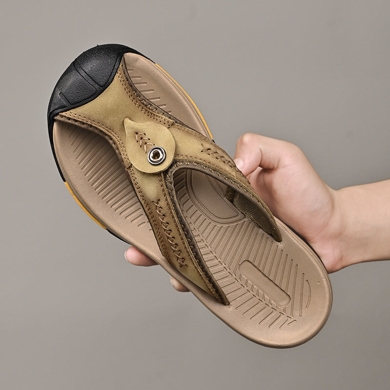 Men's Open Toe Y-Strap Flip Flops – Stitch Detail Chunky Sole Outdoor Casual