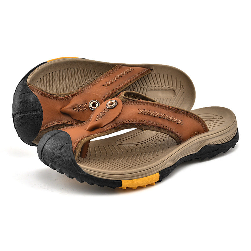 Men's Open Toe Y-Strap Flip Flops – Stitch Detail Chunky Sole Outdoor Casual