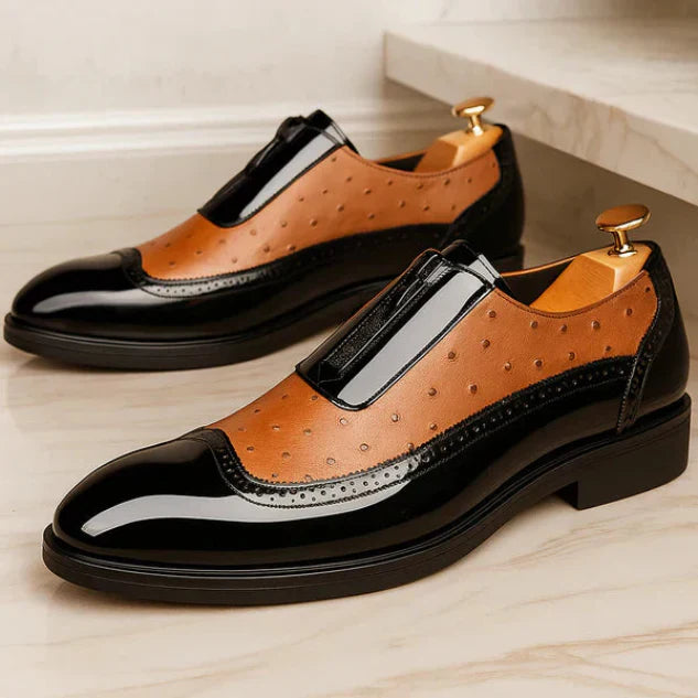Men's Ostrich Print Oxford Shoes – Front Zip Wingtip Brogue Two Tone Dress Shoes