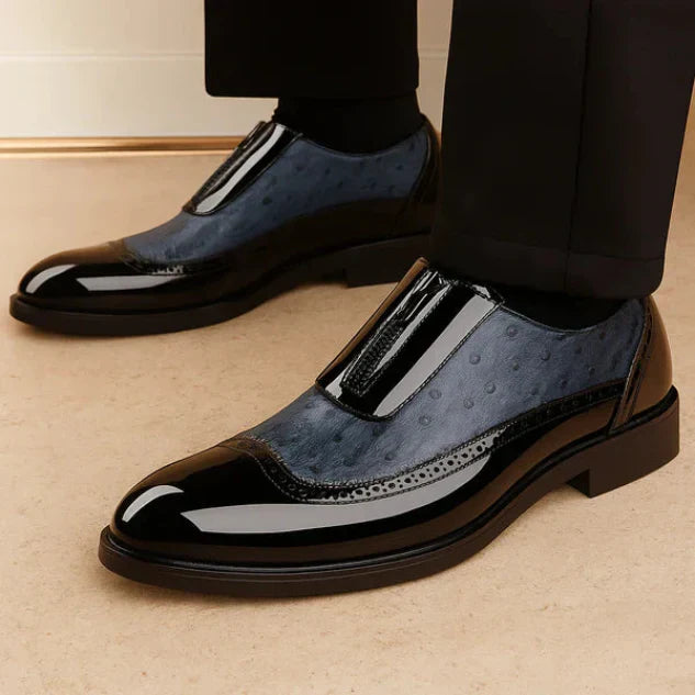 Men's Ostrich Print Oxford Shoes – Front Zip Wingtip Brogue Two Tone Dress Shoes