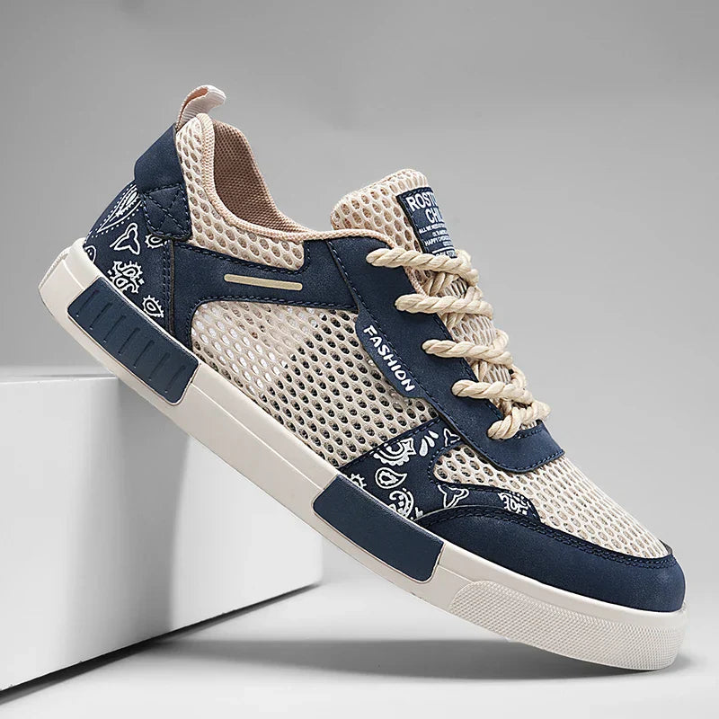Men's Paisley Print Low Top Sneakers – Mesh Panel Lace Up Casual Skate Shoes